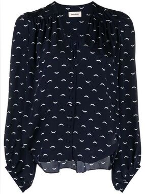 Zadig & Voltaire Turin Silk Polka Wings Blouse Navy White Print Size Small